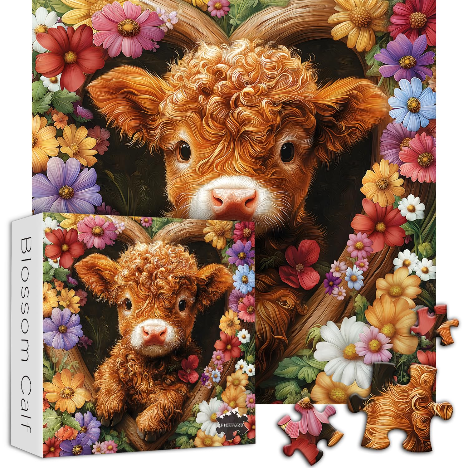 PICKFORU Blossom Calf Puzzle 1000 Pieces – Highland Cow Floral Jigsaw for Adults
