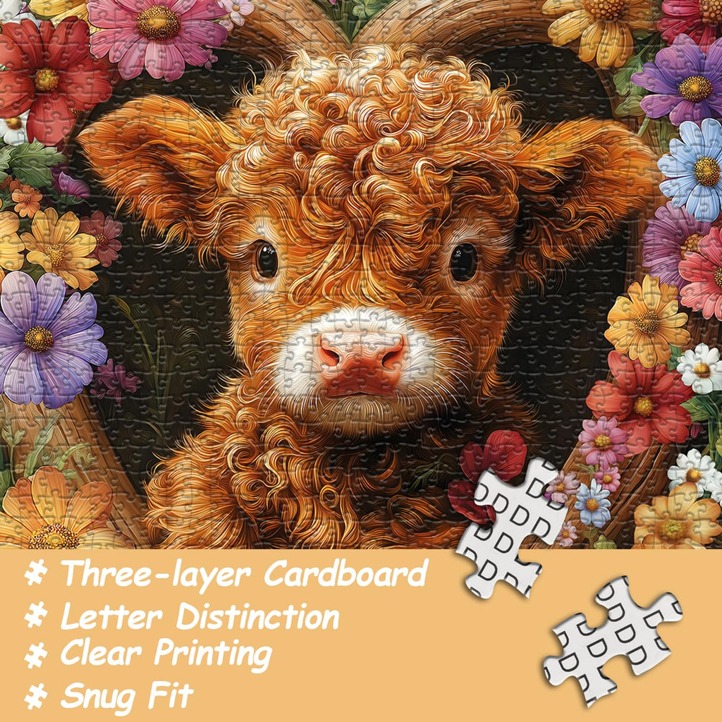PICKFORU Blossom Calf Puzzle 1000 Pieces – Highland Cow Floral Jigsaw for Adults