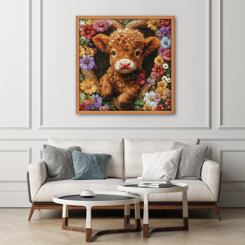PICKFORU Blossom Calf Puzzle 1000 Pieces – Highland Cow Floral Jigsaw for Adults