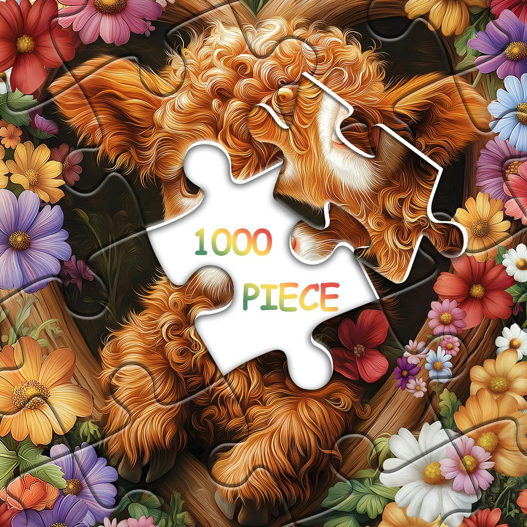 PICKFORU Blossom Calf Puzzle 1000 Pieces – Highland Cow Floral Jigsaw for Adults