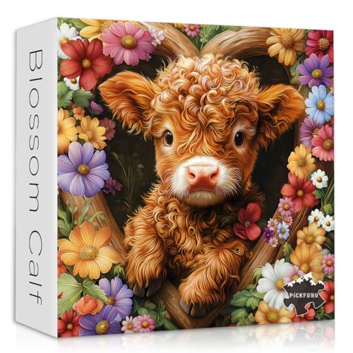 PICKFORU Blossom Calf Puzzle 1000 Pieces – Highland Cow Floral Jigsaw for Adults