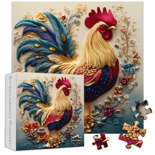 PICKFORU Rooster 1000 Piece Puzzle: Embroidery Art Chicken Jigsaw with Flower Motif