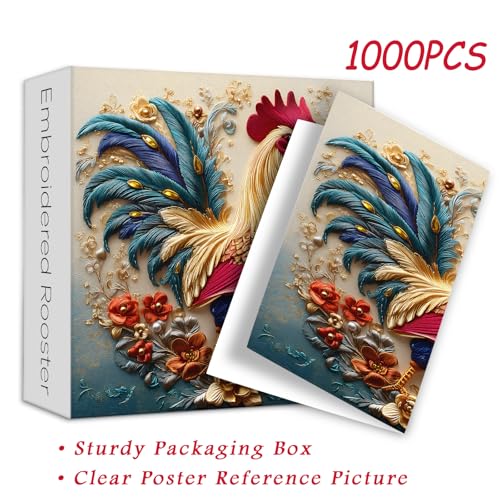 PICKFORU Rooster 1000 Piece Puzzle: Embroidery Art Chicken Jigsaw with Flower Motif