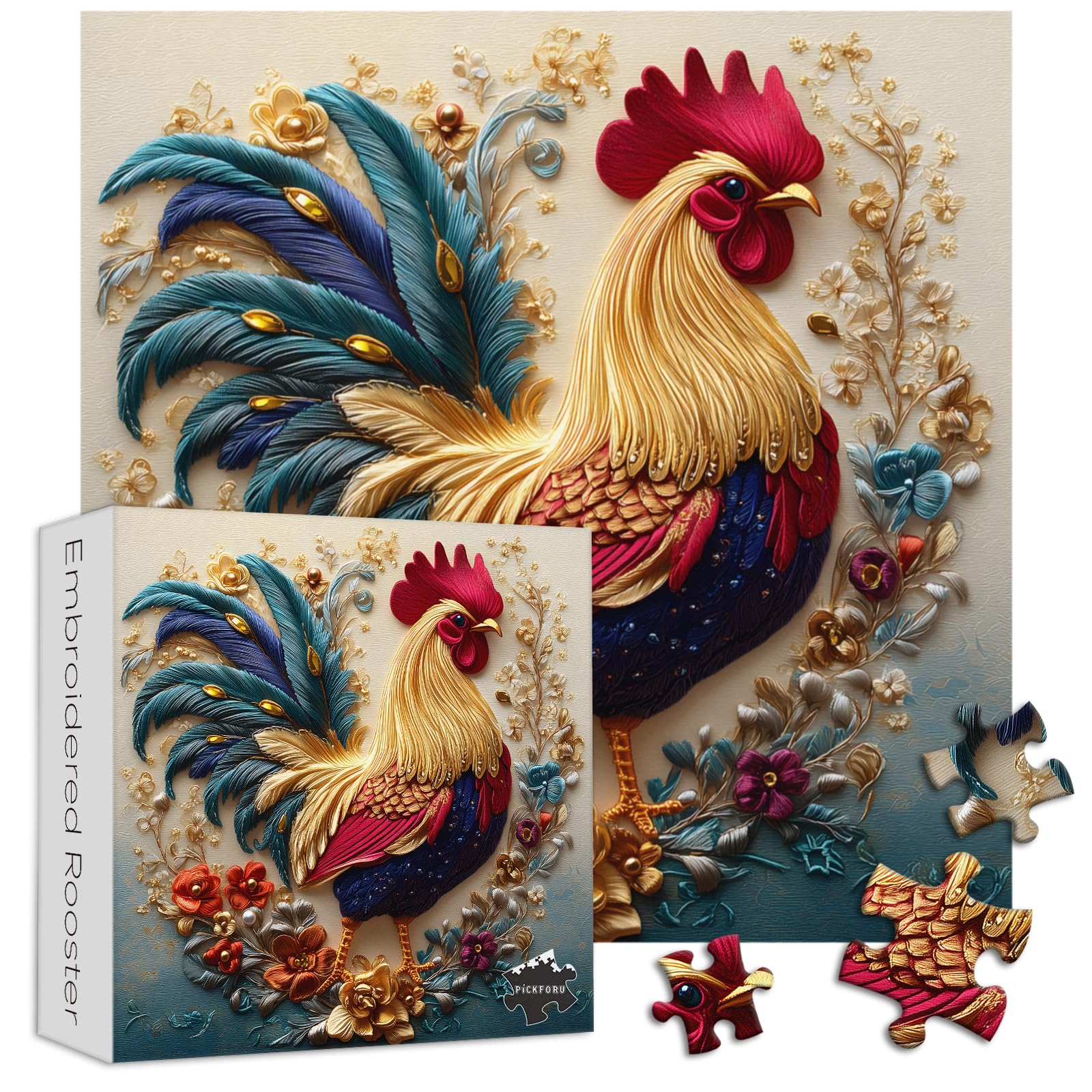 PICKFORU Rooster 1000 Piece Puzzle: Embroidery Art Chicken Jigsaw with Flower Motif