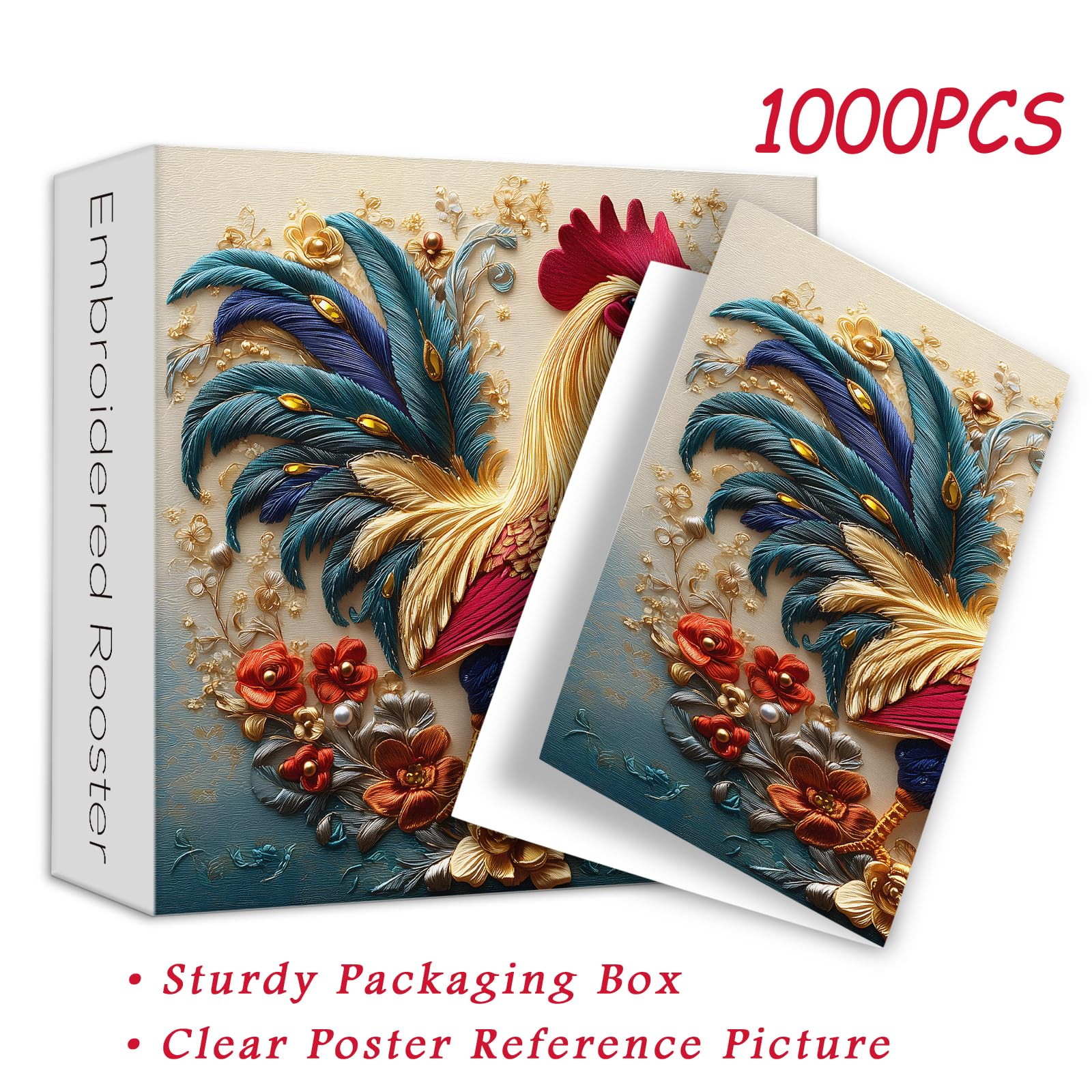 PICKFORU Rooster 1000 Piece Puzzle: Embroidery Art Chicken Jigsaw with Flower Motif