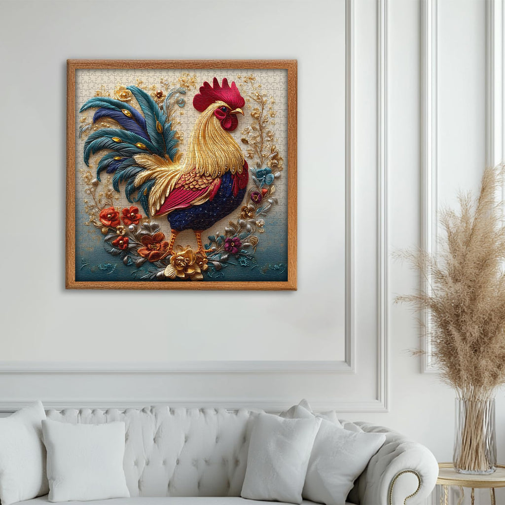 PICKFORU Rooster 1000 Piece Puzzle: Embroidery Art Chicken Jigsaw with Flower Motif