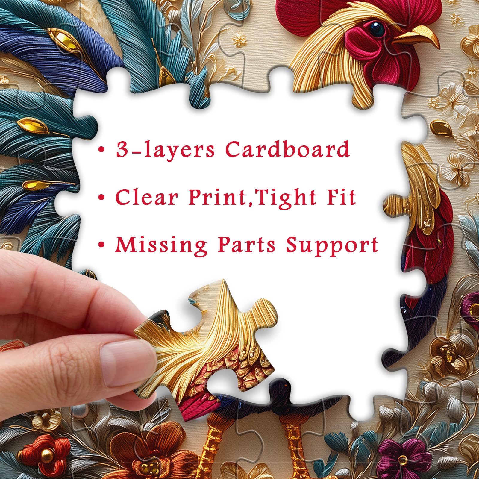 PICKFORU Rooster 1000 Piece Puzzle: Embroidery Art Chicken Jigsaw with Flower Motif