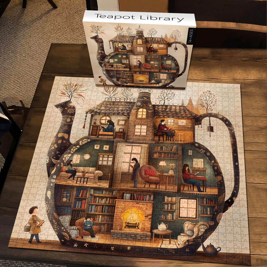 PICKFORU Teapot Library Puzzle – 1000-Piece Vintage Bookshelf Jigsaw for Adults, 23.85 Inches Square