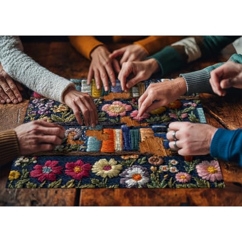 PICKFORU Wildflower Pages 1000 Piece Jigsaw Puzzle – Embroidery-Style Floral Bookshelf Decor for Adults