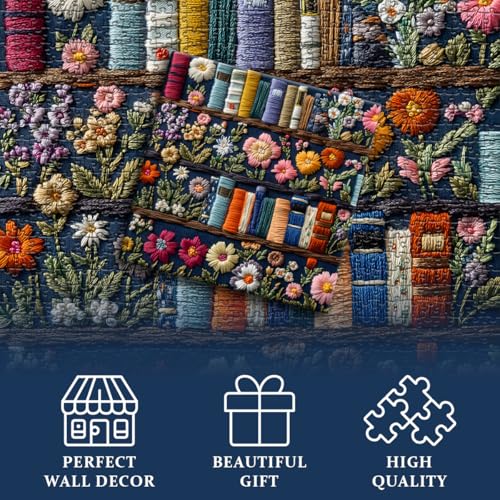 PICKFORU Wildflower Pages 1000 Piece Jigsaw Puzzle – Embroidery-Style Floral Bookshelf Decor for Adults