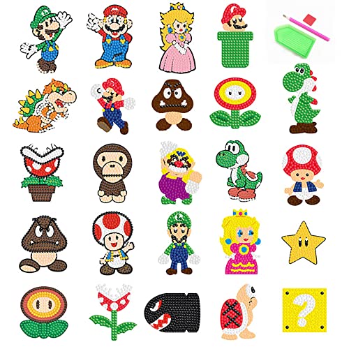 PICNICFUN 5D Diamond Painting Stickers for Kids - 24 Cute Cartoon & Animal Mosaic Craft Kits with Tools