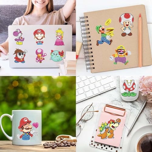 PICNICFUN 5D Diamond Painting Stickers for Kids - 24 Cute Cartoon & Animal Mosaic Craft Kits with Tools