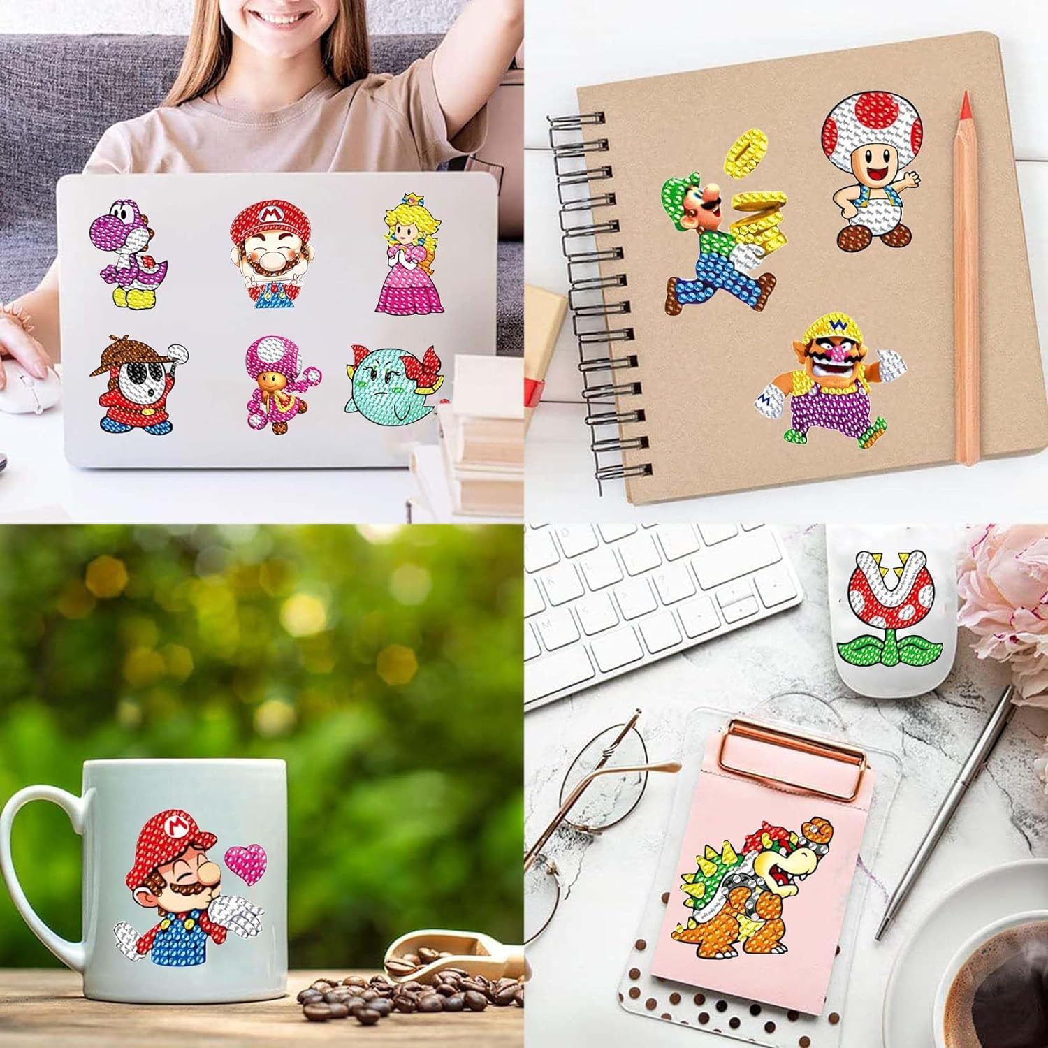 PICNICFUN 5D Diamond Painting Stickers for Kids - 24 Cute Cartoon & Animal Mosaic Craft Kits with Tools