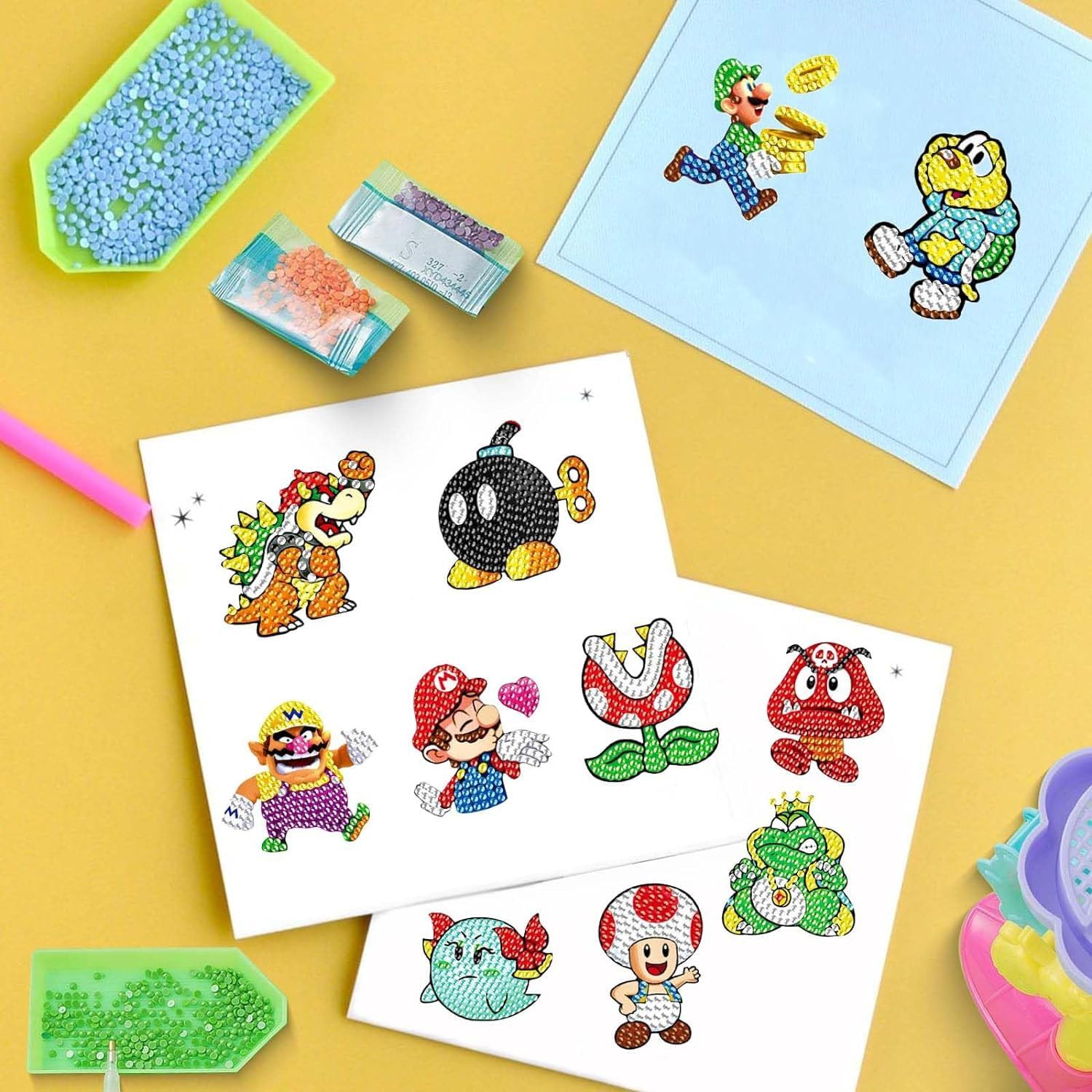 PICNICFUN 5D Diamond Painting Stickers for Kids - 24 Cute Cartoon & Animal Mosaic Craft Kits with Tools