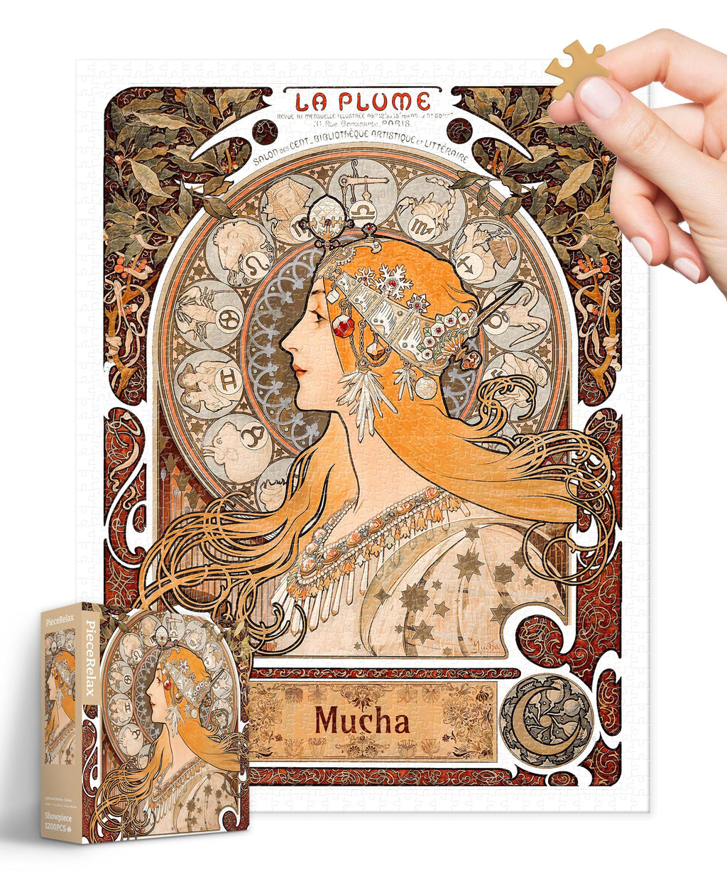 PieceRelax 1200-Piece Plastic Jigsaw Puzzle – Alphonse Mucha Zodiac, Compact Size 23.2 x 17.6 Inches, No Puzzle Mat Needed, Free Missing Piece Replacement