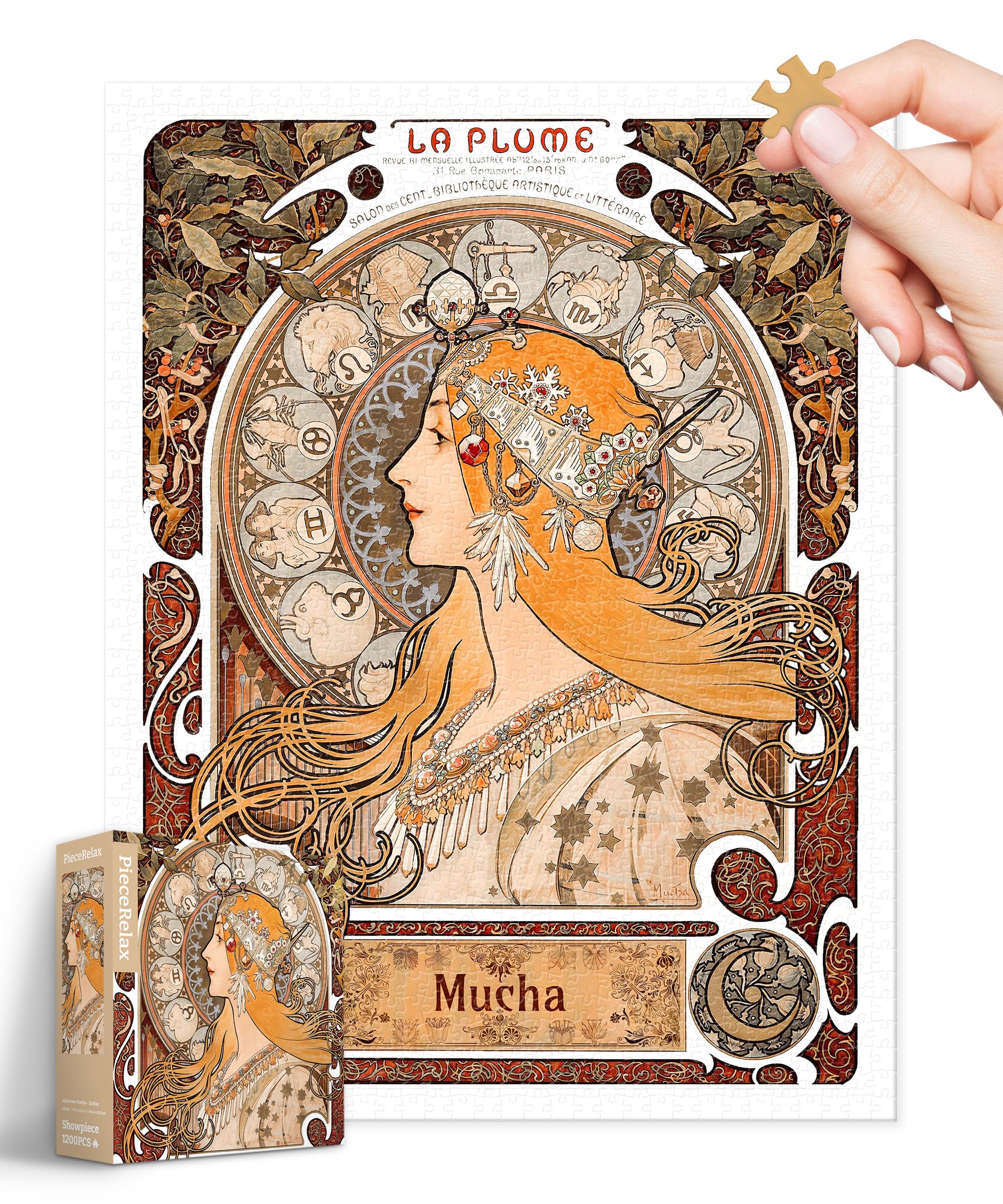 PieceRelax 1200-Piece Plastic Jigsaw Puzzle – Alphonse Mucha Zodiac, Compact Size 23.2 x 17.6 Inches, No Puzzle Mat Needed, Free Missing Piece Replacement