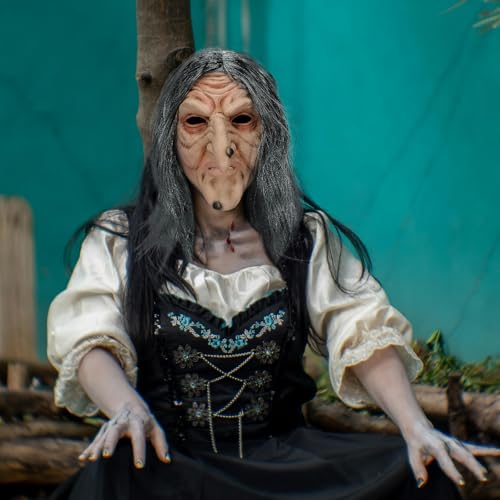 Pigmiss Creepy Old Lady Witch Mask – Realistic Latex Halloween Costume Prop