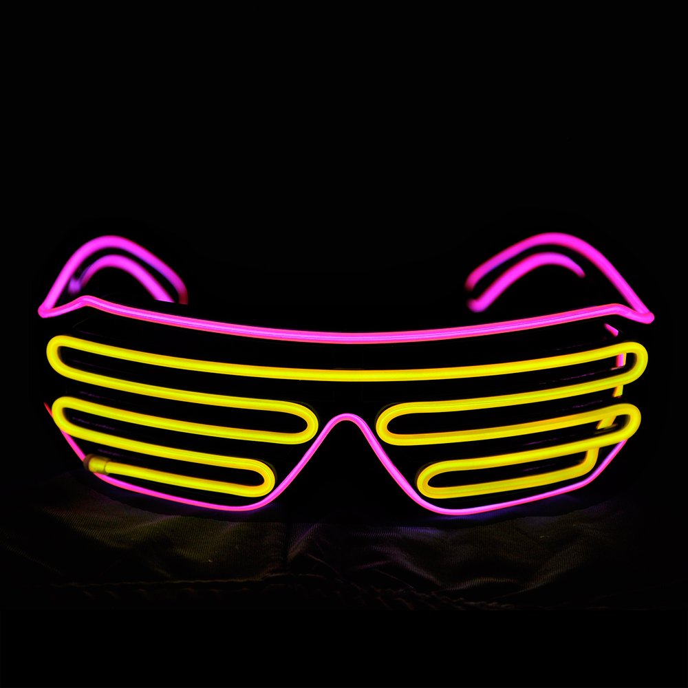 PINFOX Light Up Shutter Neon Glasses – Pink & Yellow EL Wire LED Sunglasses for Rave, 80s, EDM