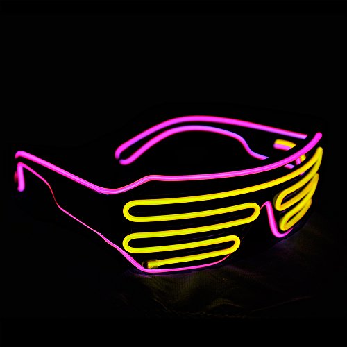 PINFOX Light Up Shutter Neon Glasses – Pink & Yellow EL Wire LED Sunglasses for Rave, 80s, EDM