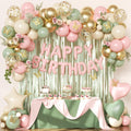 Pink and Green Birthday Decorations Set - Sage Green, Gold Confetti Balloons, Butterfly Wall Decor, Fringe Curtain for Women Girls