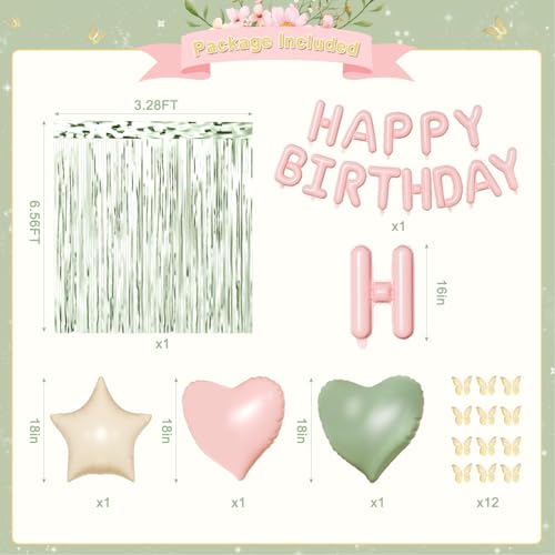 Pink and Green Birthday Decorations Set - Sage Green, Gold Confetti Balloons, Butterfly Wall Decor, Fringe Curtain for Women Girls