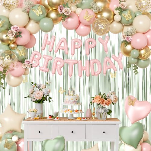 Pink and Green Birthday Decorations Set - Sage Green, Gold Confetti Balloons, Butterfly Wall Decor, Fringe Curtain for Women Girls