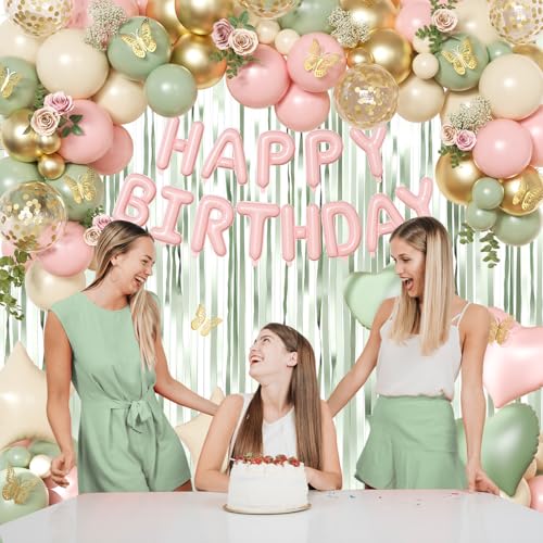 Pink and Green Birthday Decorations Set - Sage Green, Gold Confetti Balloons, Butterfly Wall Decor, Fringe Curtain for Women Girls