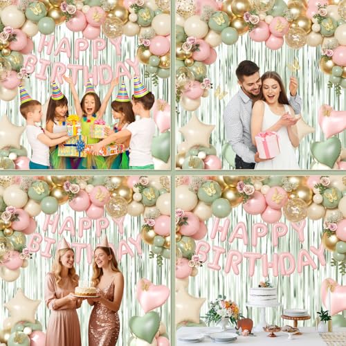Pink and Green Birthday Decorations Set - Sage Green, Gold Confetti Balloons, Butterfly Wall Decor, Fringe Curtain for Women Girls