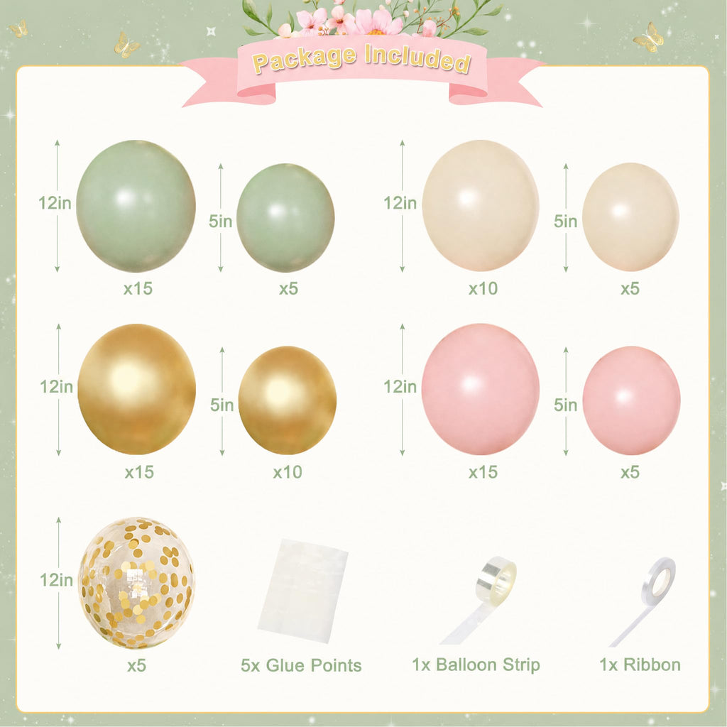 Pink and Green Birthday Decorations Set - Sage Green, Gold Confetti Balloons, Butterfly Wall Decor, Fringe Curtain for Women Girls