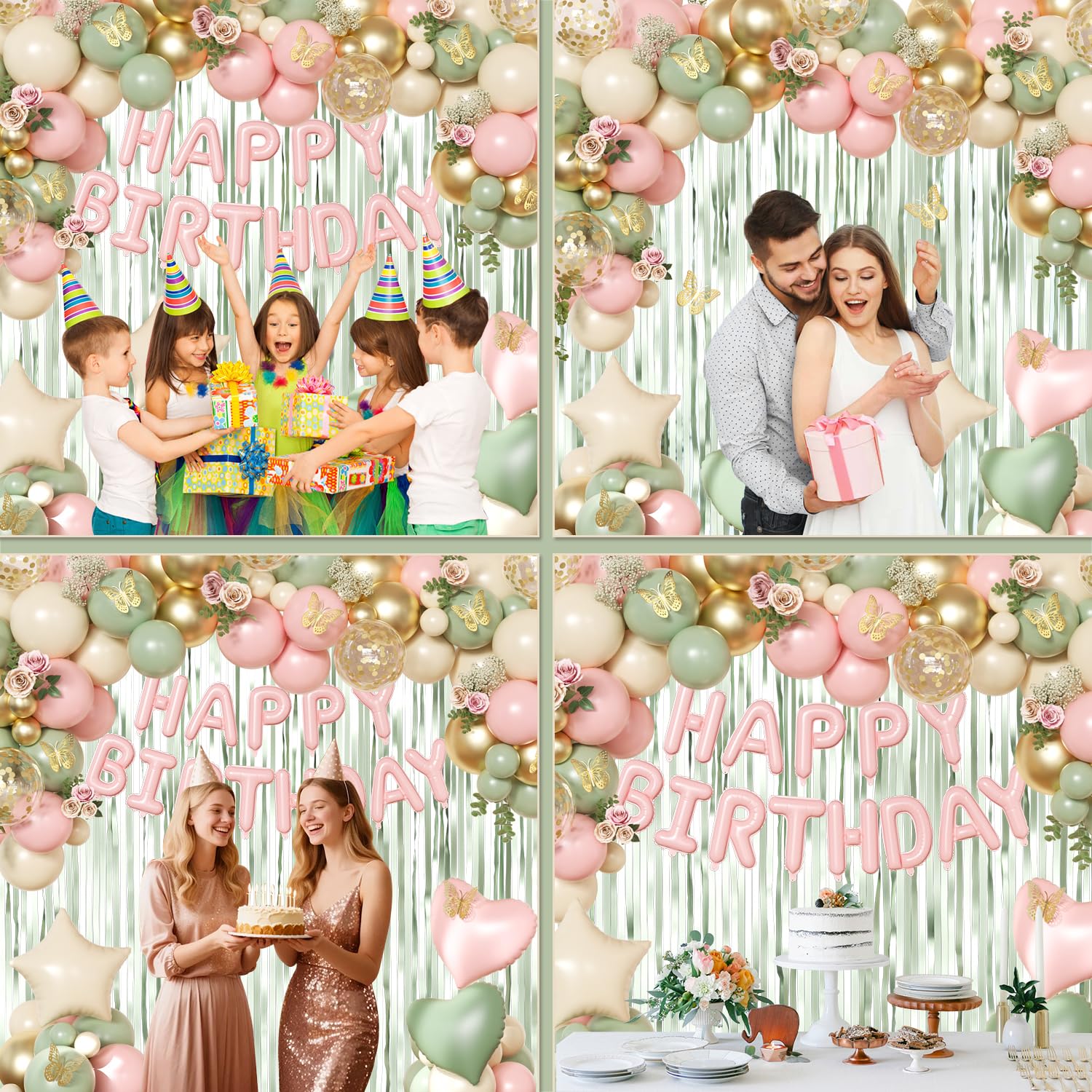 Pink and Green Birthday Decorations Set - Sage Green, Gold Confetti Balloons, Butterfly Wall Decor, Fringe Curtain for Women Girls