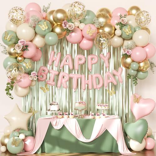 Pink and Green Birthday Decorations Set - Sage Green, Gold Confetti Balloons, Butterfly Wall Decor, Fringe Curtain for Women Girls