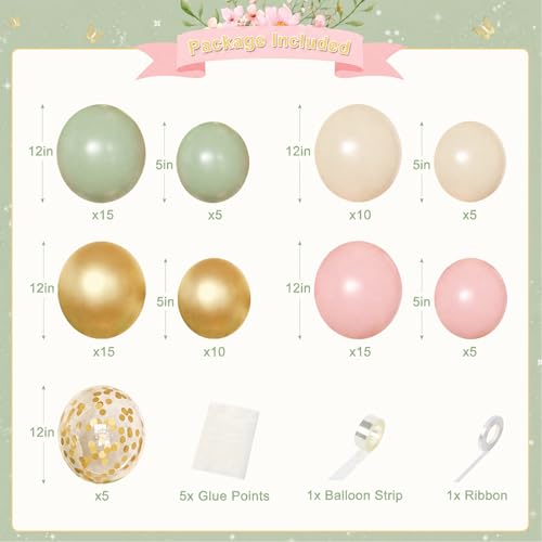 Pink and Green Birthday Decorations Set - Sage Green, Gold Confetti Balloons, Butterfly Wall Decor, Fringe Curtain for Women Girls