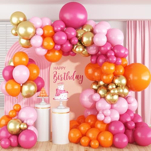 Pink and Orange Balloon Arch Kit – 122 Pcs with Gold, Glue Dots & String for Summer Tropical Party