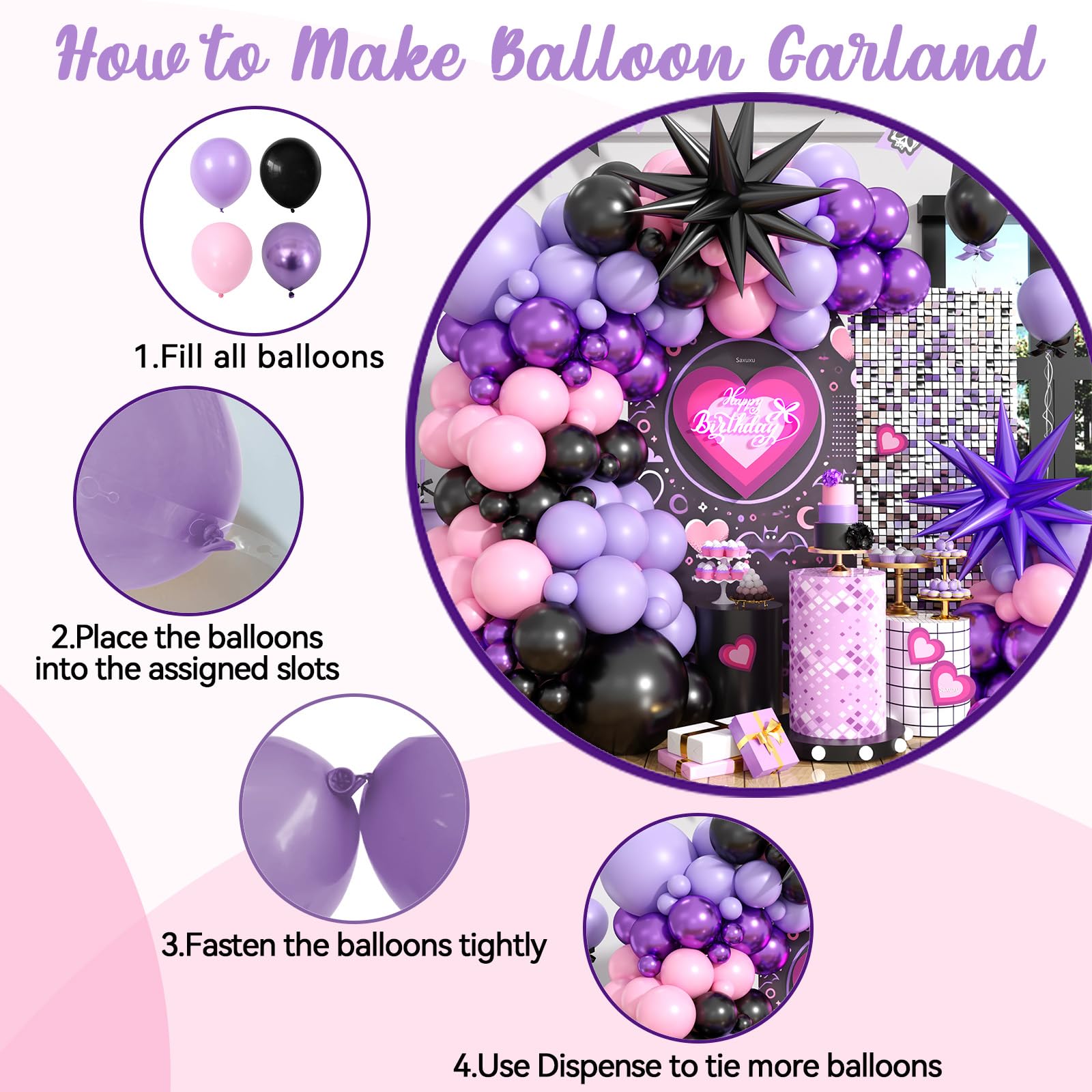 Pink and Purple Balloon Arch Garland Kit with Star Foil Balloons – 102-Piece Party Decor Set