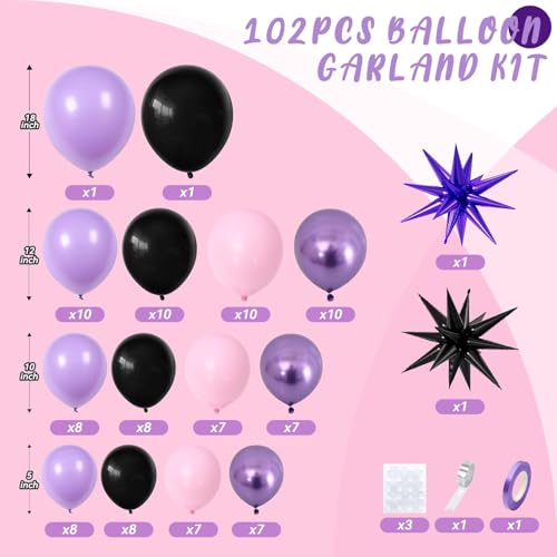 Pink and Purple Balloon Arch Garland Kit with Star Foil Balloons – 102-Piece Party Decor Set