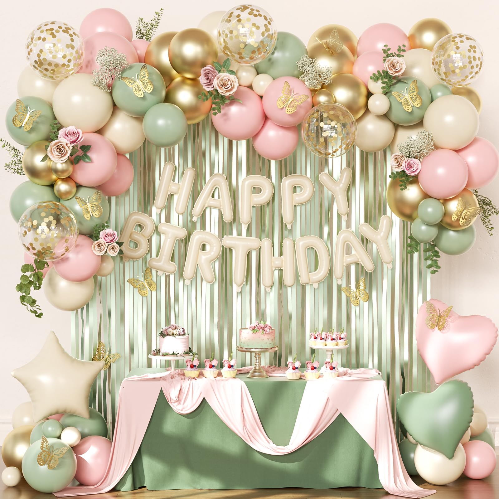 Pink and Sage Green Birthday Decoration Set - 122 Pieces with Balloons, Foil Curtains & Gold Butterflies