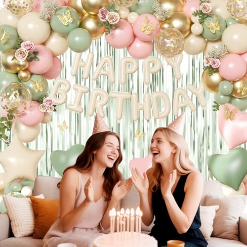 Pink and Sage Green Birthday Decoration Set - 122 Pieces with Balloons, Foil Curtains & Gold Butterflies