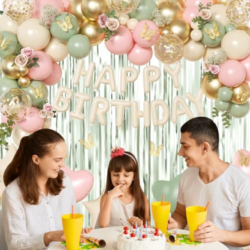 Pink and Sage Green Birthday Decoration Set - 122 Pieces with Balloons, Foil Curtains & Gold Butterflies