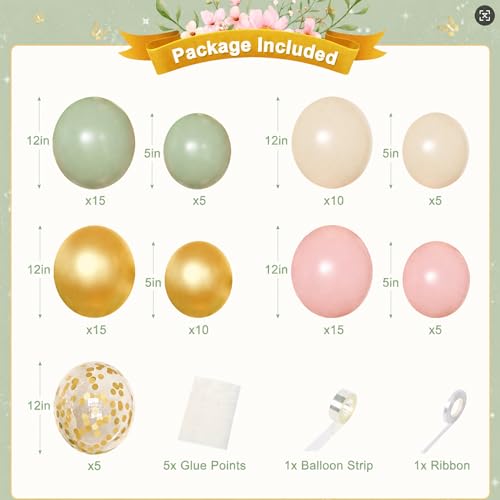 Pink and Sage Green Birthday Decoration Set - 122 Pieces with Balloons, Foil Curtains & Gold Butterflies