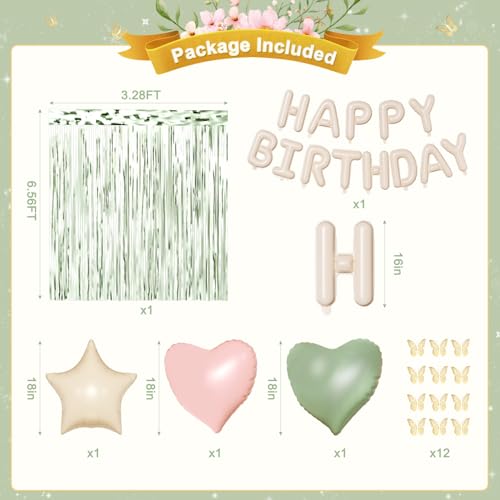 Pink and Sage Green Birthday Decoration Set - 122 Pieces with Balloons, Foil Curtains & Gold Butterflies