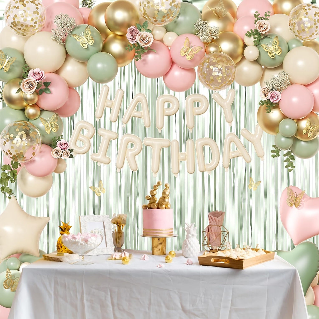 Pink and Sage Green Birthday Decoration Set - 122 Pieces with Balloons, Foil Curtains & Gold Butterflies