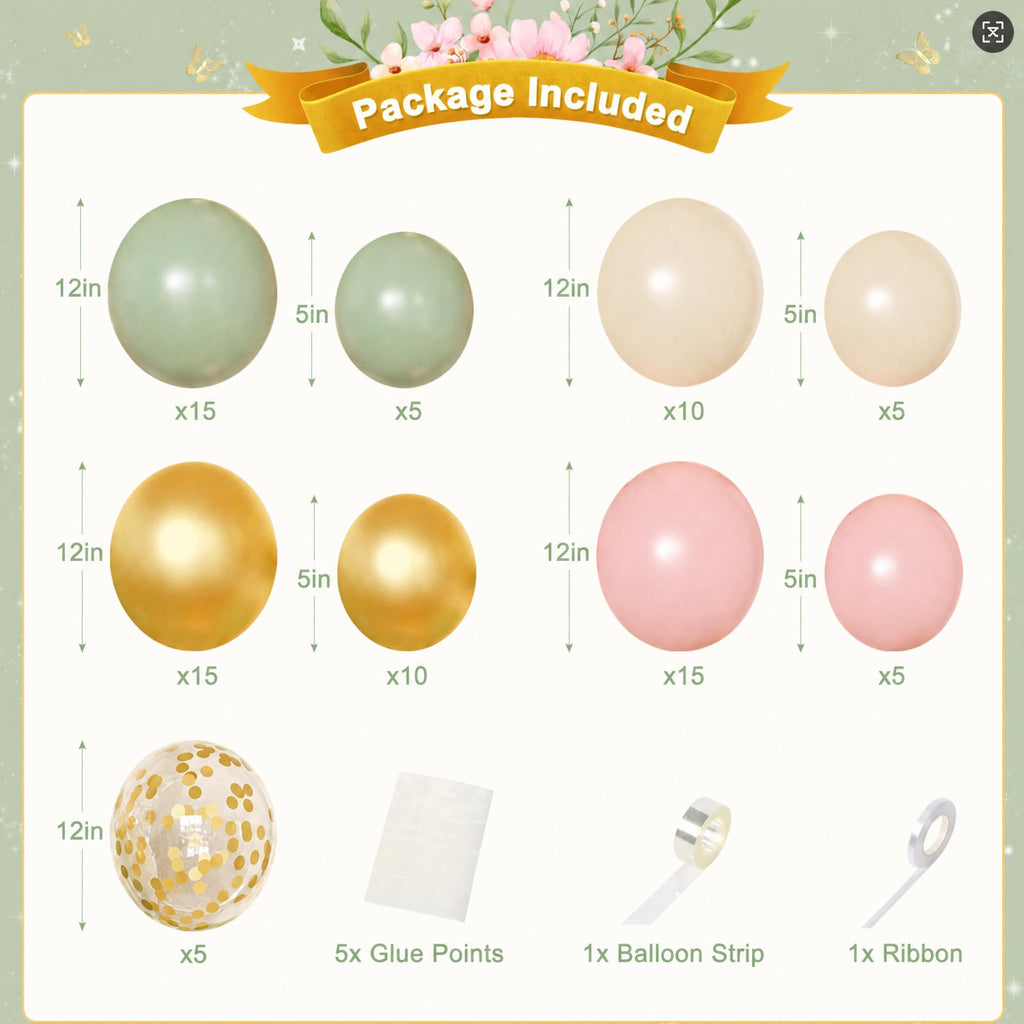 Pink and Sage Green Birthday Decoration Set - 122 Pieces with Balloons, Foil Curtains & Gold Butterflies