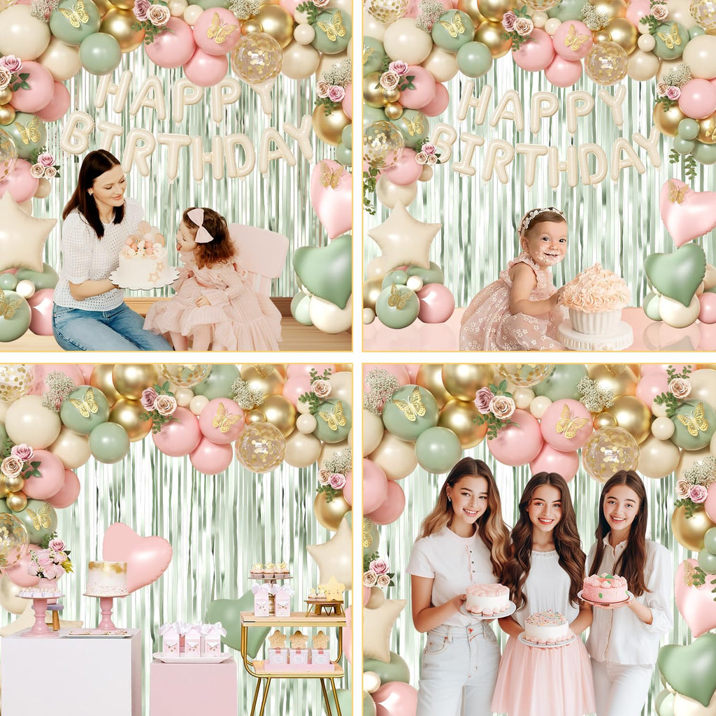Pink and Sage Green Birthday Decoration Set - 122 Pieces with Balloons, Foil Curtains & Gold Butterflies