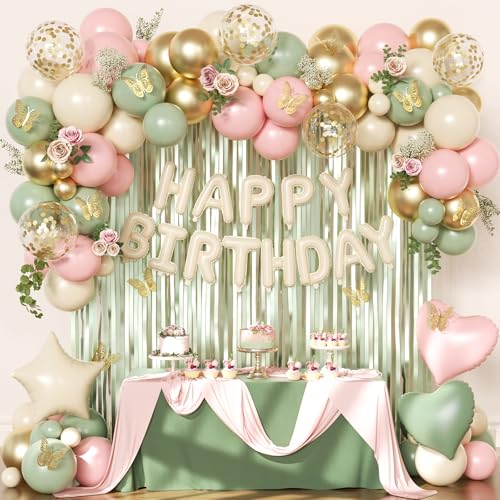 Pink and Sage Green Birthday Decoration Set - 122 Pieces with Balloons, Foil Curtains & Gold Butterflies