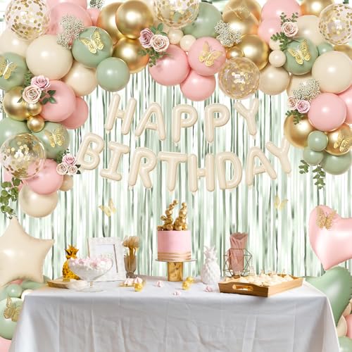 Pink and Sage Green Birthday Decoration Set - 122 Pieces with Balloons, Foil Curtains & Gold Butterflies