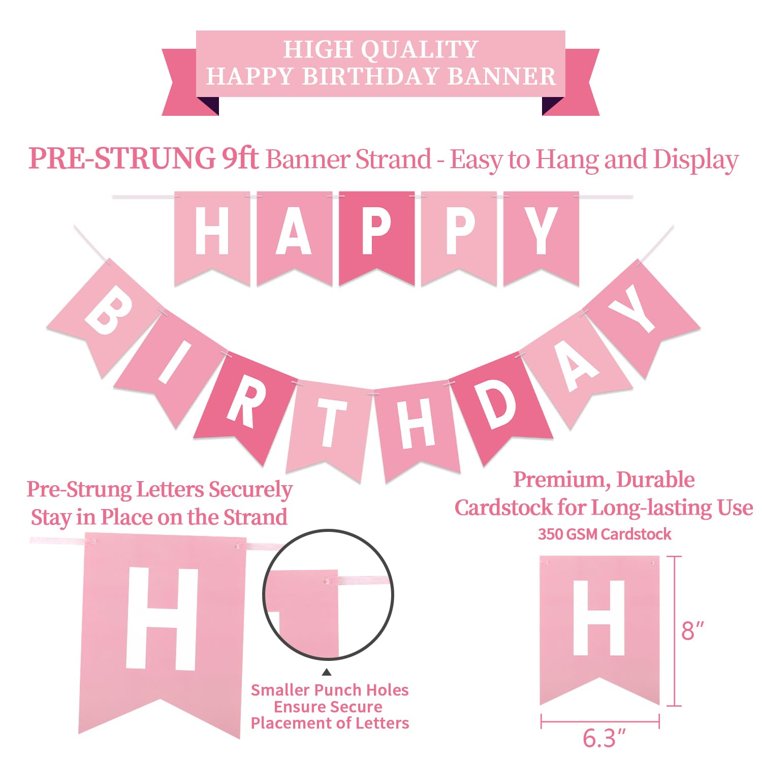 Pink Birthday Decorations Kit 16-Piece Set by LITAUS – Pre-Strung Banner, Honeycomb Balls & Paper Garland for Women, Girls, Teens, Adults