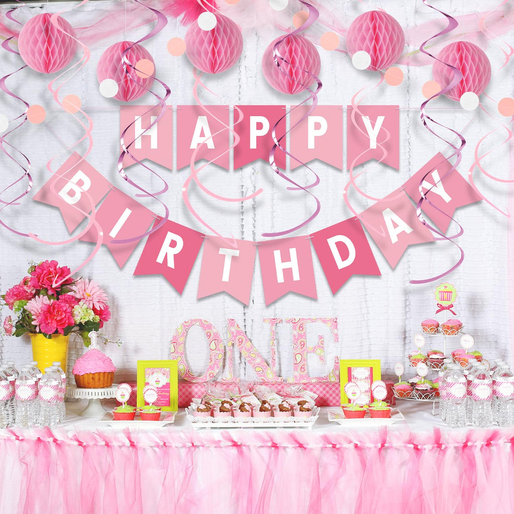 Pink Birthday Decorations Kit 16-Piece Set by LITAUS – Pre-Strung Banner, Honeycomb Balls & Paper Garland for Women, Girls, Teens, Adults