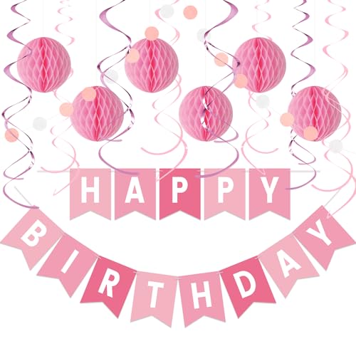 Pink Birthday Decorations Kit 16-Piece Set by LITAUS – Pre-Strung Banner, Honeycomb Balls & Paper Garland for Women, Girls, Teens, Adults