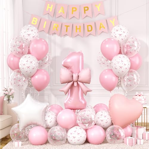 Pink Bow 1st Birthday Decoration Set – 32-Inch Number 1 Foil Balloon & More