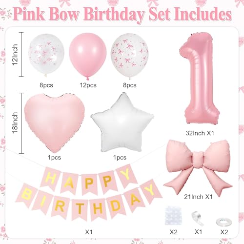 Pink Bow 1st Birthday Decoration Set – 32-Inch Number 1 Foil Balloon & More